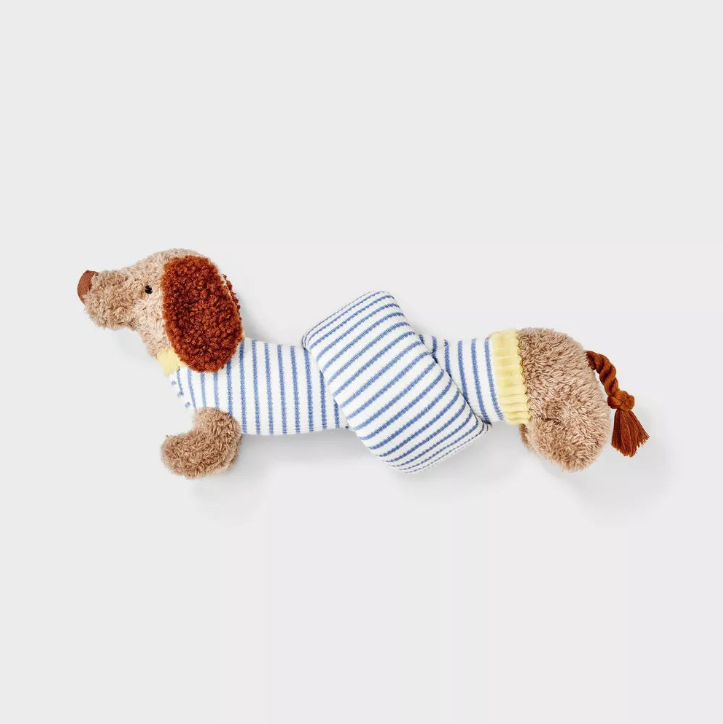 Juguete de peluche anudado chirriante para perro, tipo tira y abrazo, forma de perro salchicha