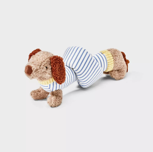 Juguete de peluche anudado chirriante para perro, tipo tira y abrazo, forma de perro salchicha