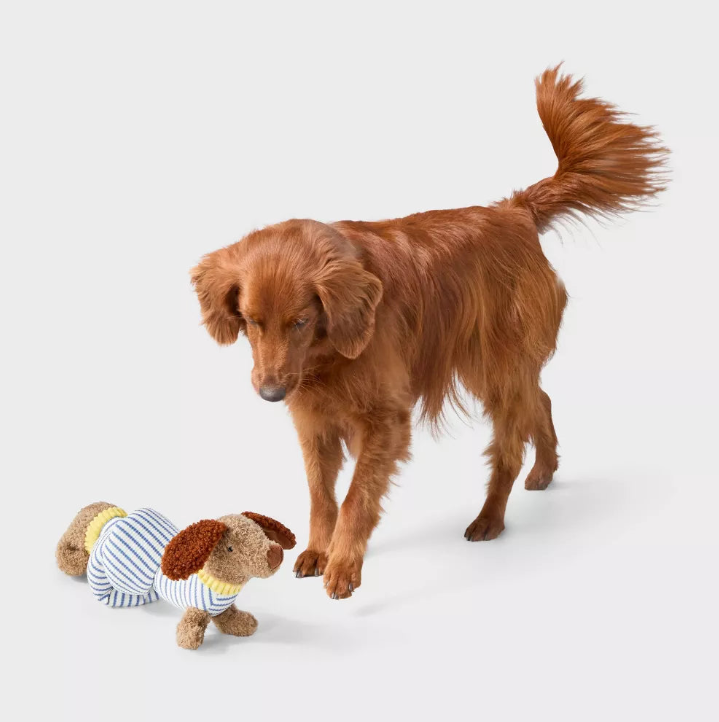 Juguete de peluche anudado chirriante para perro, tipo tira y abrazo, forma de perro salchicha